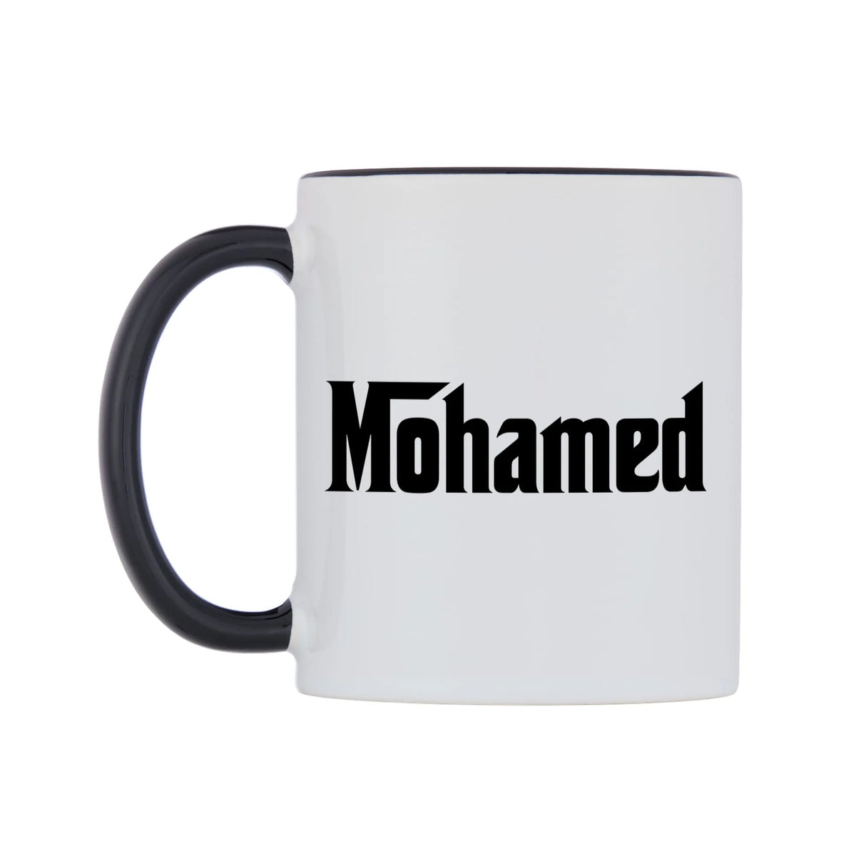 Mohamed - Godfather Themed Mug — white 11oz gloss mug with a black inside and handle, right side, on a white background