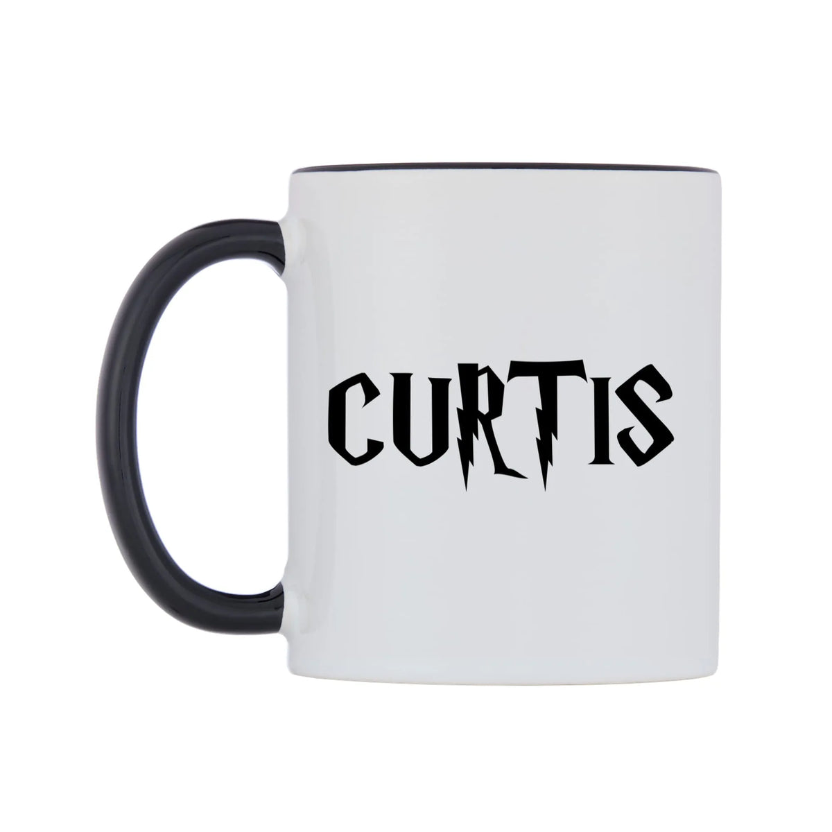 Curtis - Wizard Themed Mug — white 11oz gloss mug with a black inside and handle, right side, on a white background