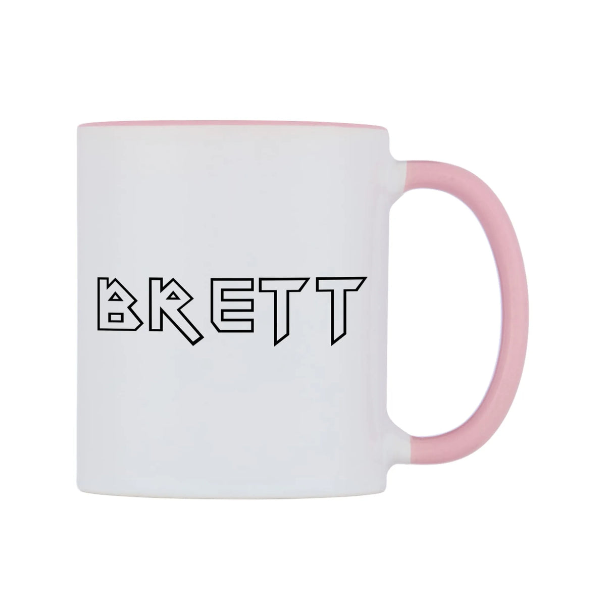 Brett - Iron Maiden Themed Mug — white 11oz gloss mug with a pink inside and handle, left side, on a white background