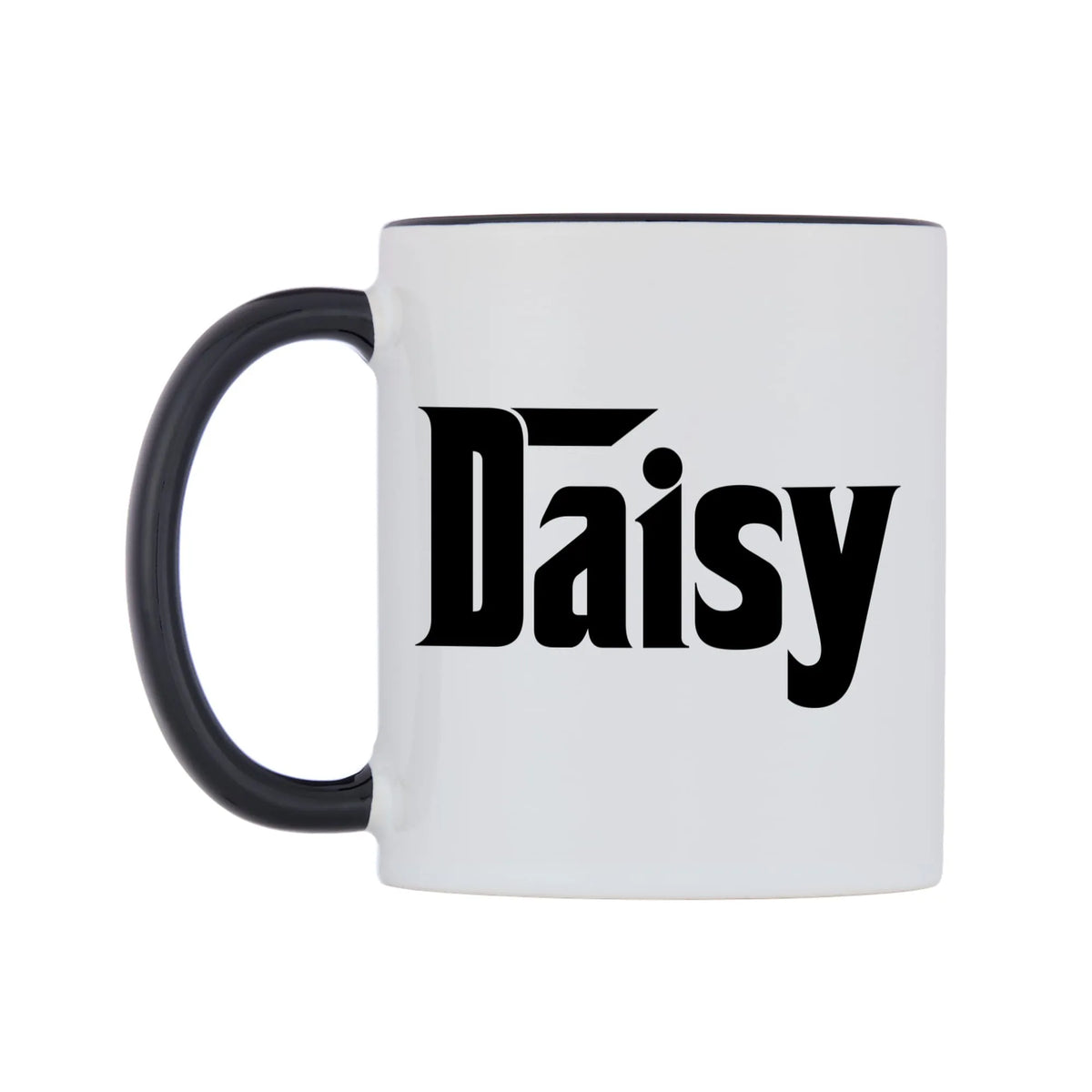Daisy - Godfather Themed Mug — white 11oz gloss mug with a black inside and handle, right side, on a white background