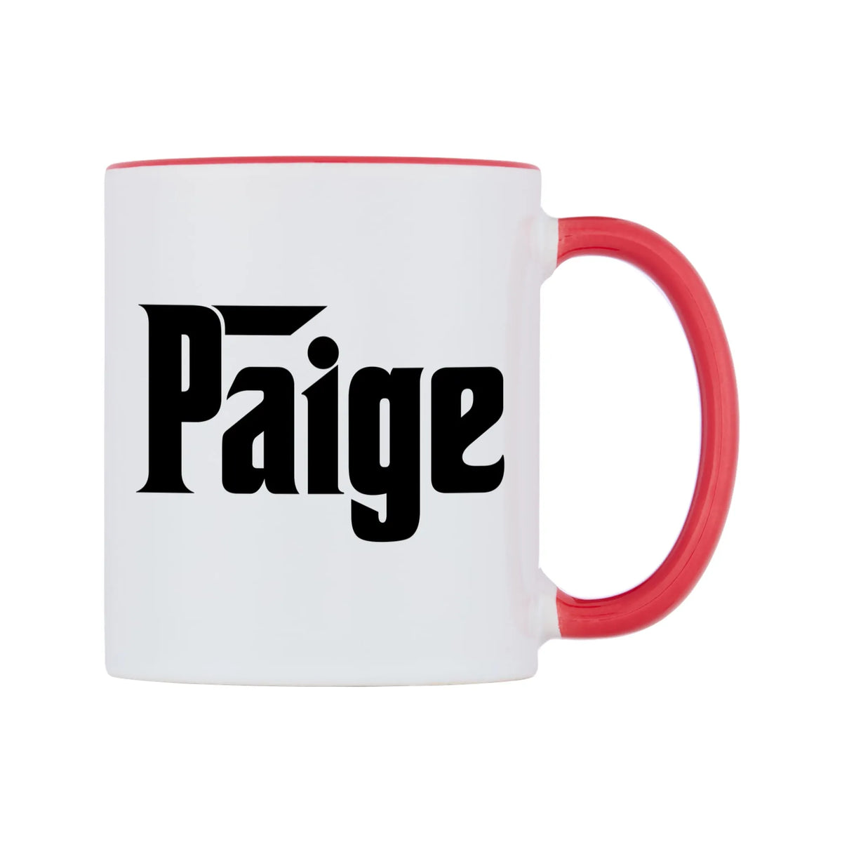 Paige - Godfather Themed Mug — white 11oz gloss mug with a red inside and handle, left side, on a white background