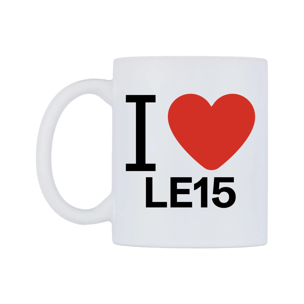I Love LE15 Mug — white 11oz gloss mug, right side, on a white background