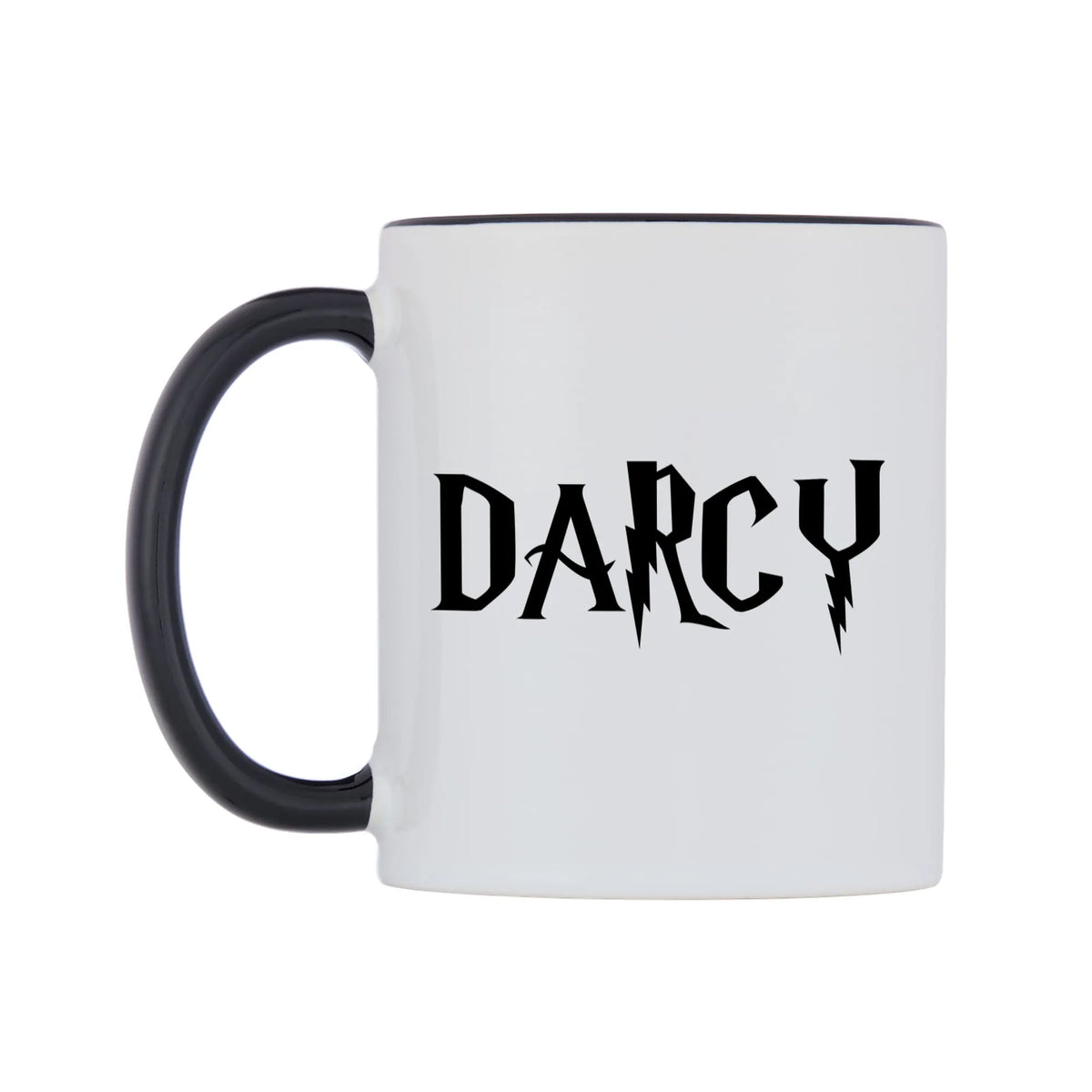 Darcy - Wizard Themed Mug — white 11oz gloss mug with a black inside and handle, right side, on a white background