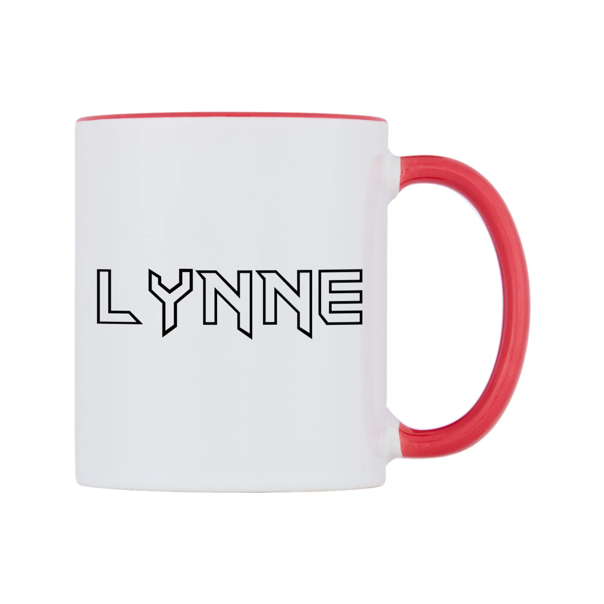 Lynne - Iron Maiden Themed Mug — white 11oz gloss mug with a red inside and handle, left side, on a white background