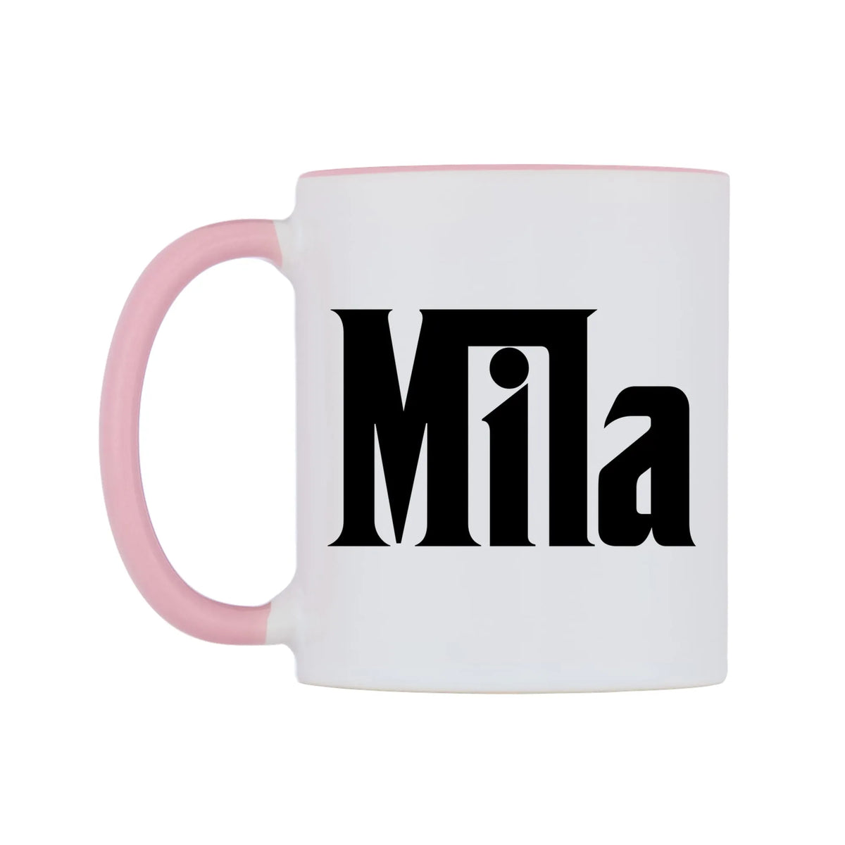 Mila - Godfather Themed Mug — white 11oz gloss mug with a pink inside and handle, right side, on a white background