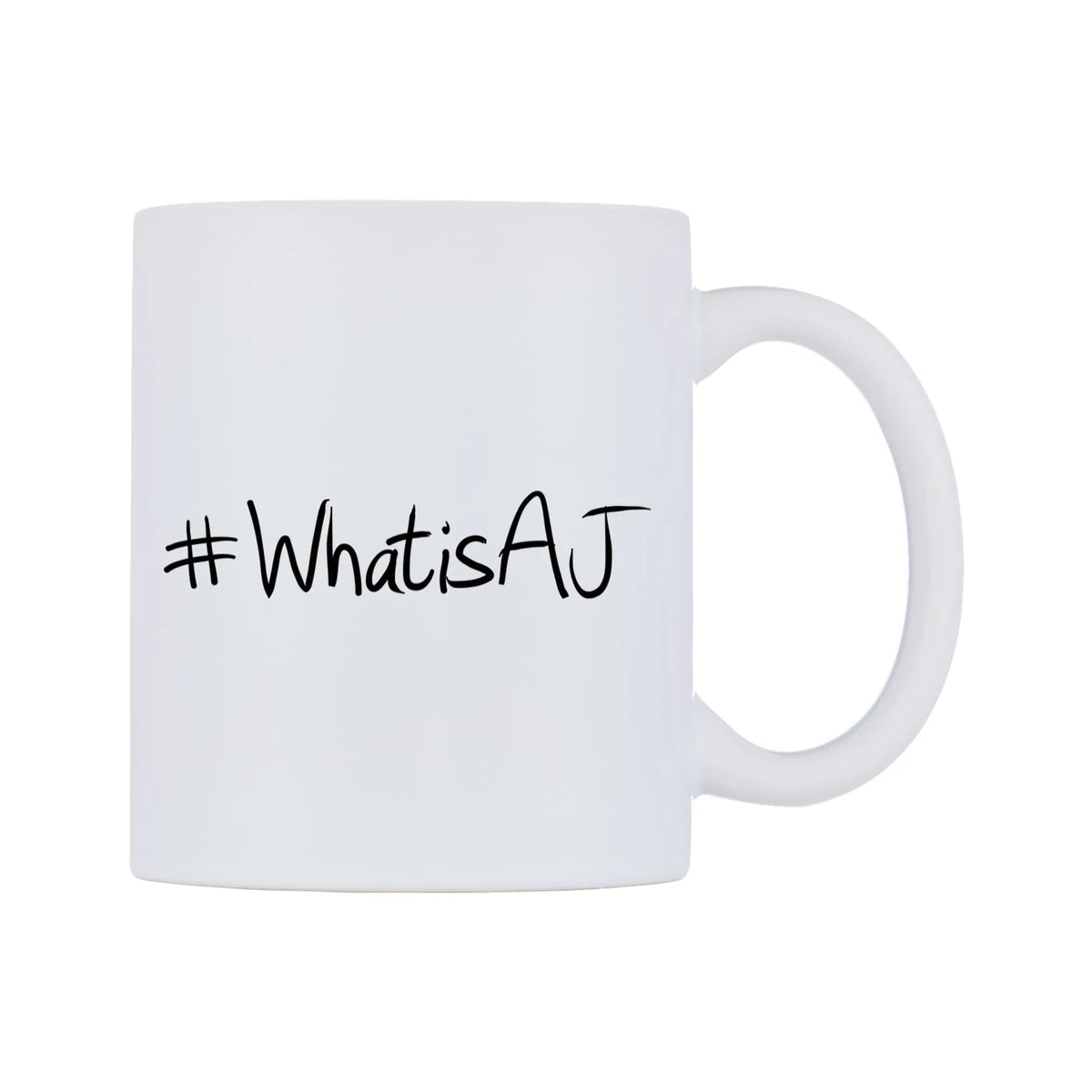 WhatisAJ Mug — mug, left side, on a white background
