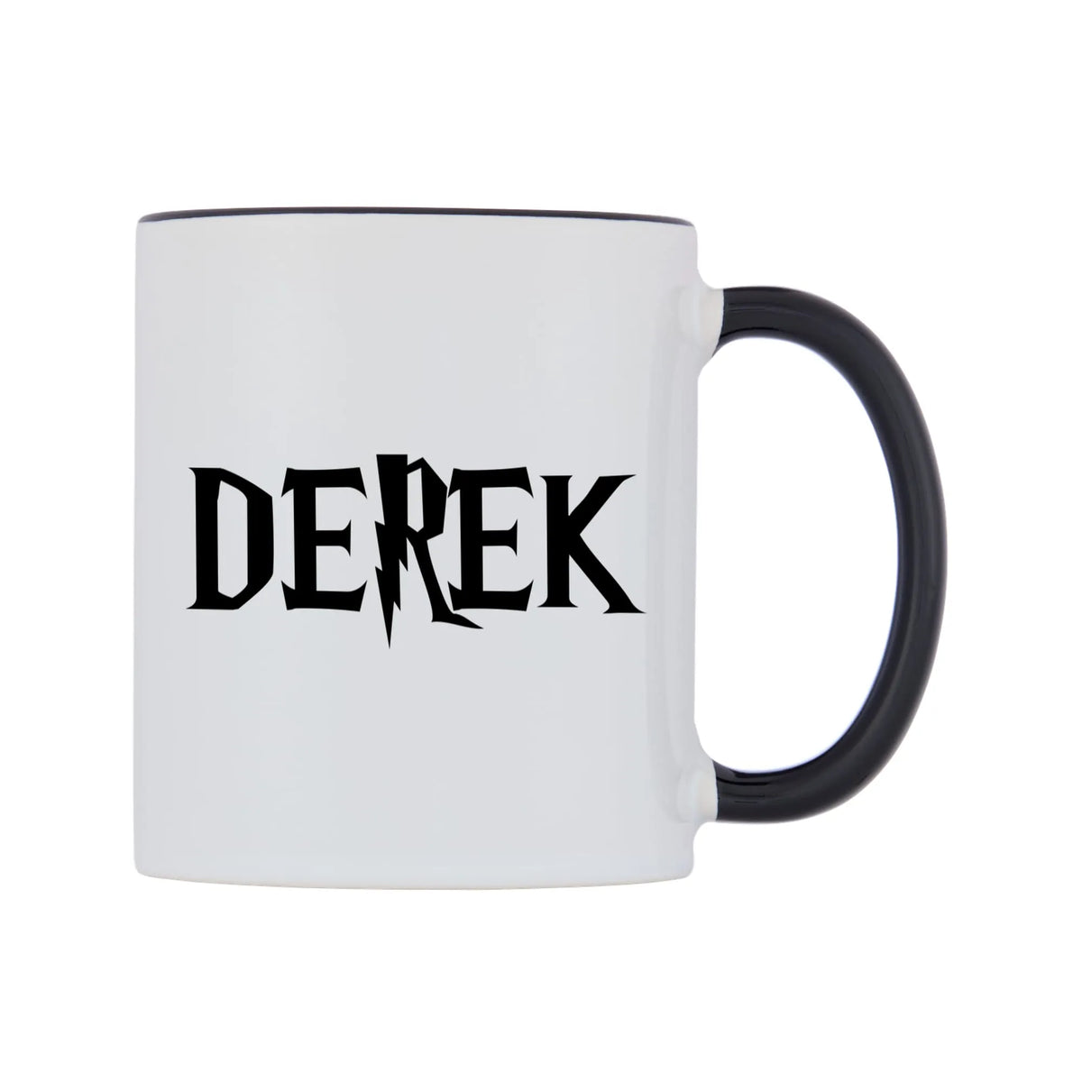 Derek - Wizard Themed Mug — white 11oz gloss mug with a black inside and handle, left side, on a white background