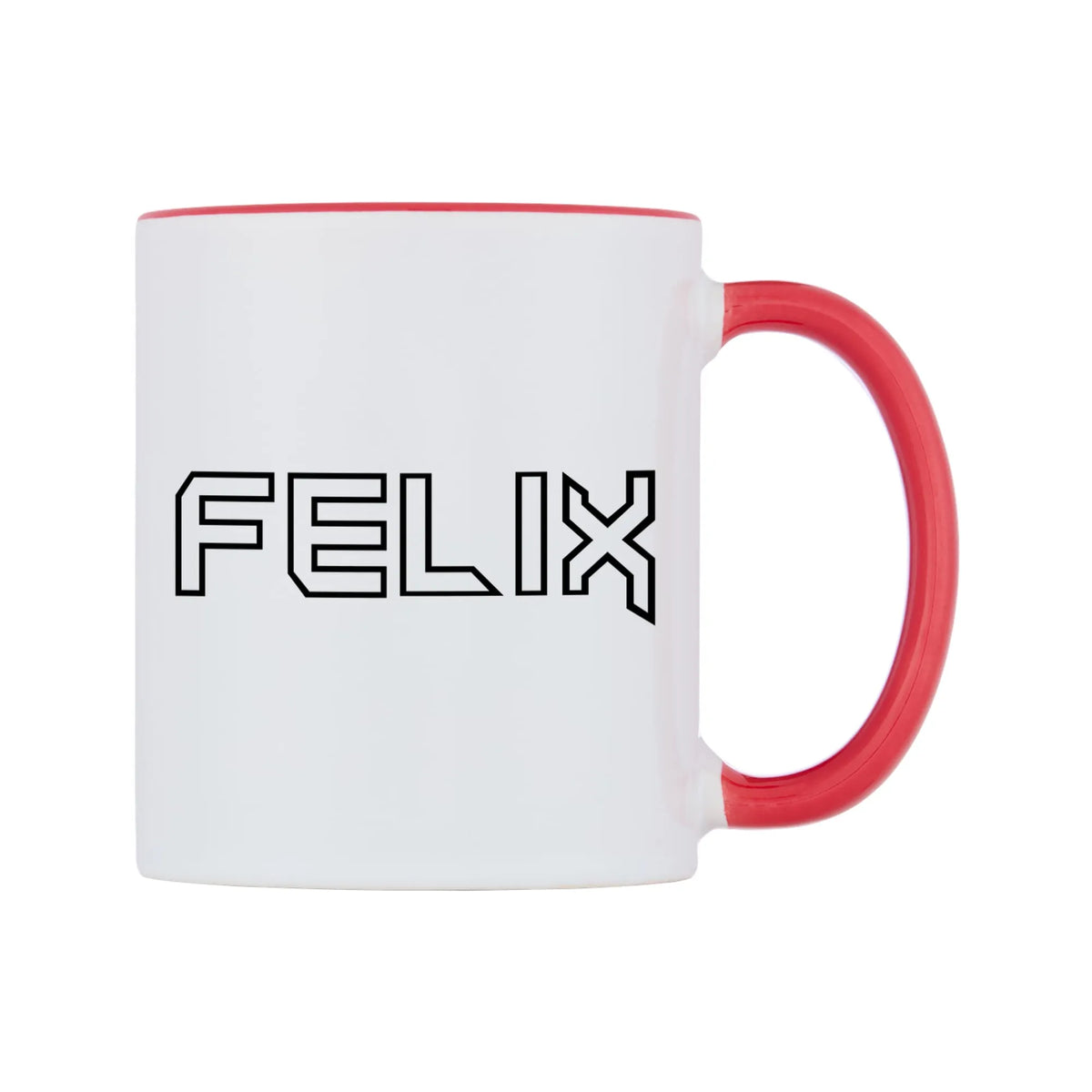Felix - Iron Maiden Themed Mug — white 11oz gloss mug with a red inside and handle, left side, on a white background