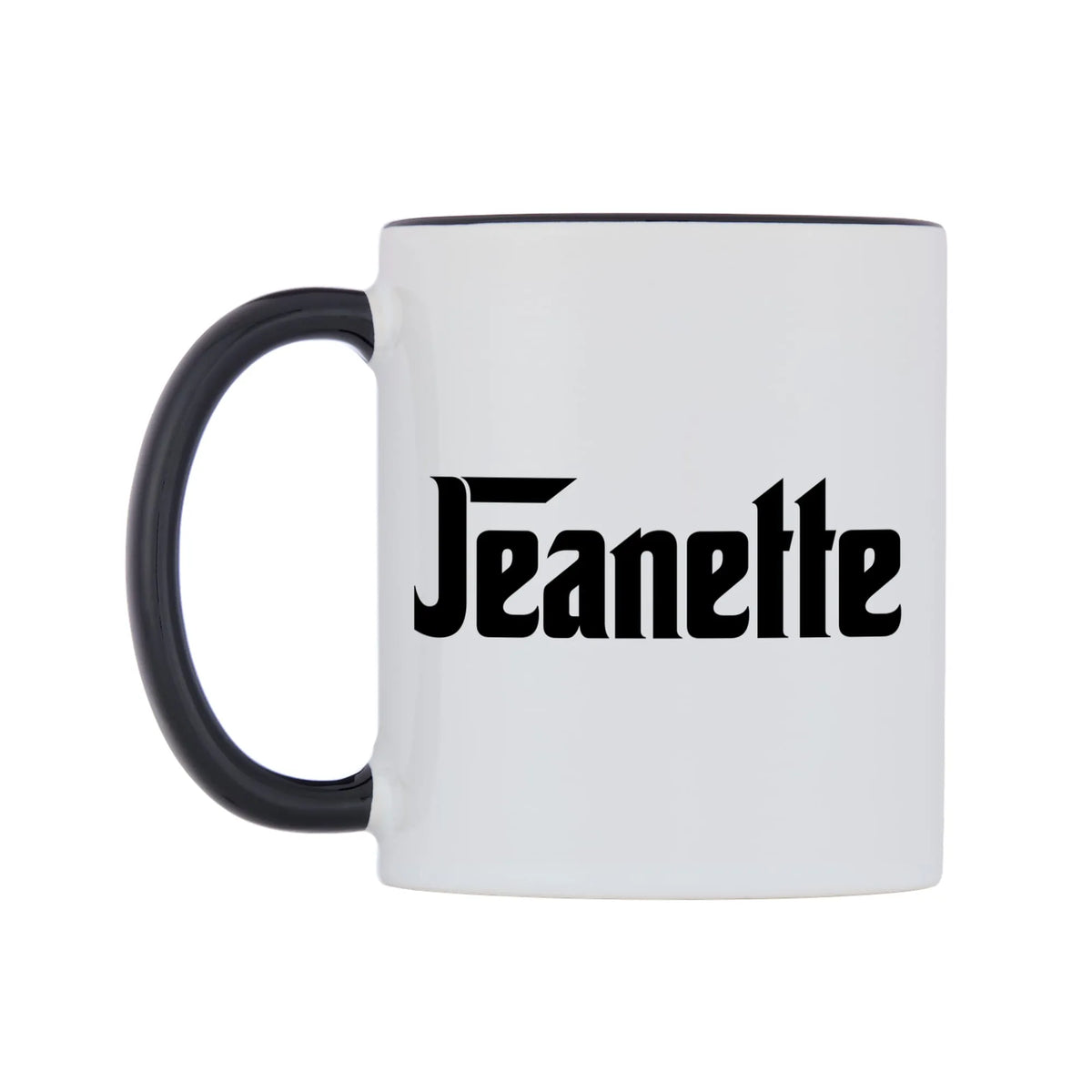 Jeanette - Godfather Themed Mug — white 11oz gloss mug with a black inside and handle, right side, on a white background
