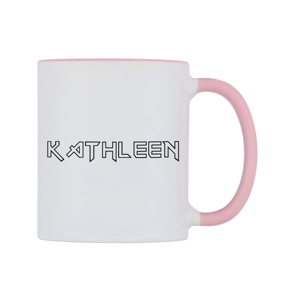 Kathleen - Iron Maiden Themed Mug — white 11oz gloss mug with a pink inside and handle, left side, on a white background