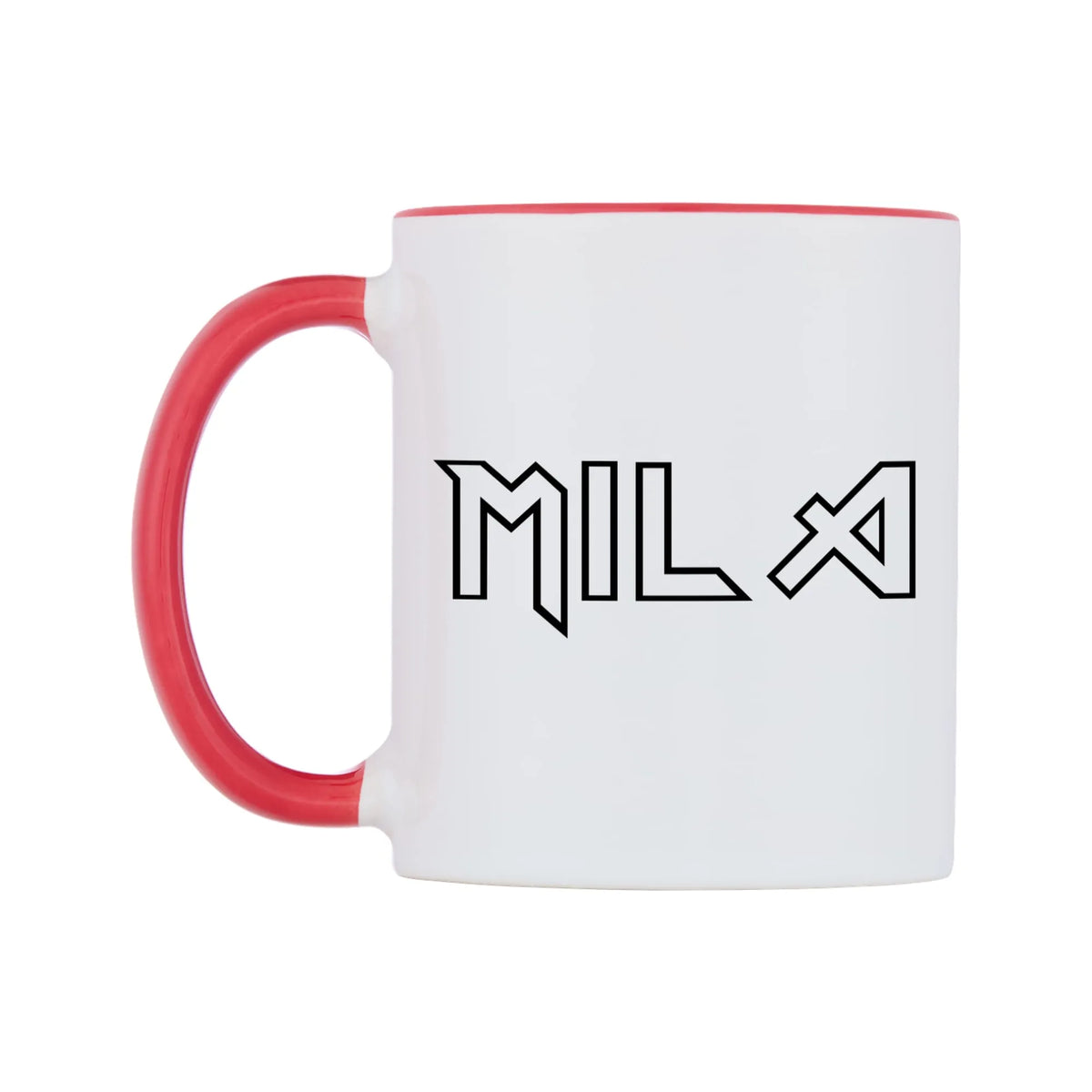Mila - Iron Maiden Themed Mug — white 11oz gloss mug with a red inside and handle, right side, on a white background