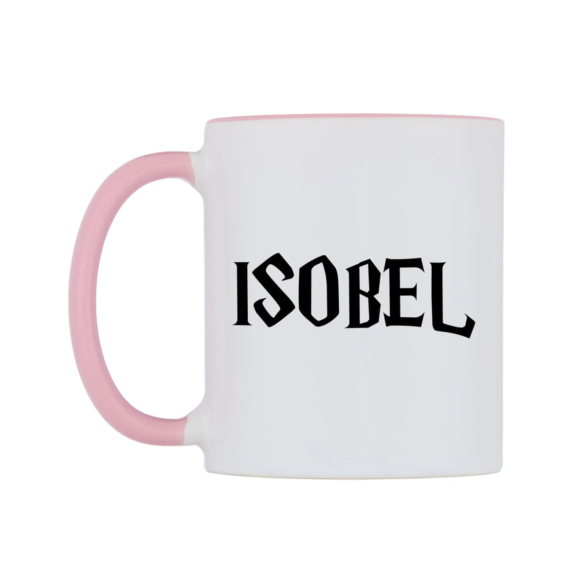 Isobel - Wizard Themed Mug — white 11oz gloss mug with a pink inside and handle, right side, on a white background