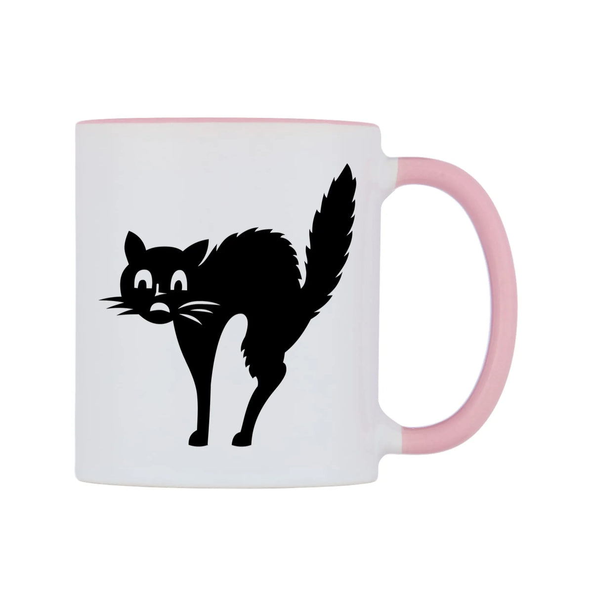 Scared Black Cat Mug — white 11oz gloss mug with a pink inside and handle, left side, on a white background