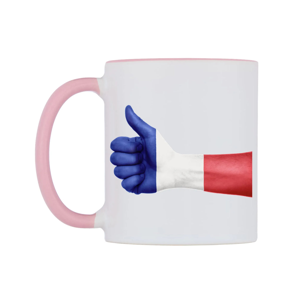 France Thumbs up Flag Mug — white 11oz gloss mug with a pink inside and handle, right side, on a white background