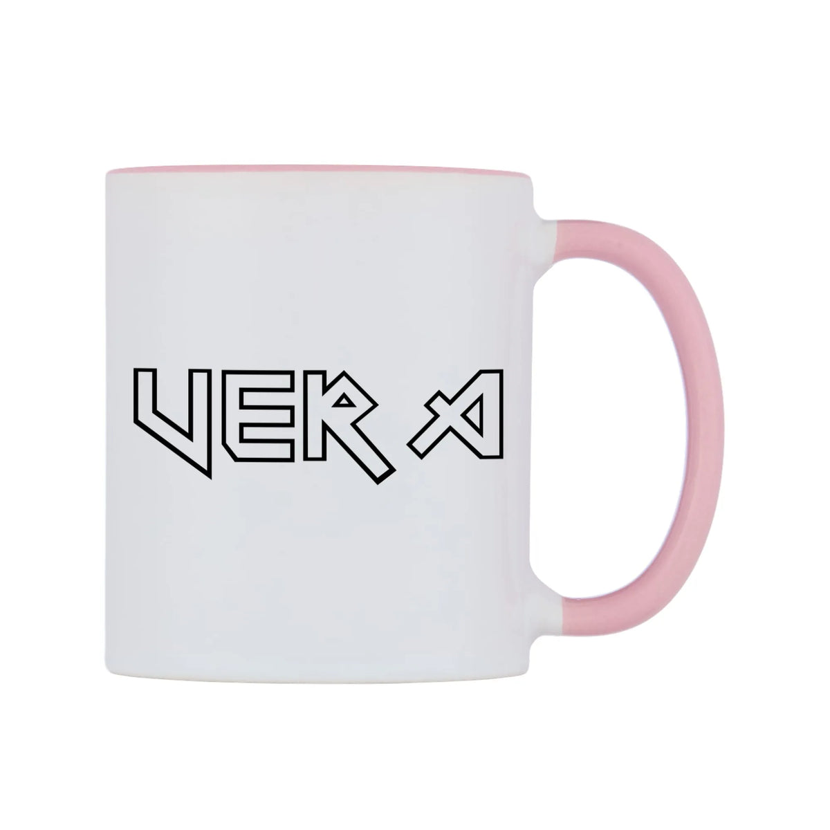 Vera - Iron Maiden Themed Mug — white 11oz gloss mug with a pink inside and handle, left side, on a white background