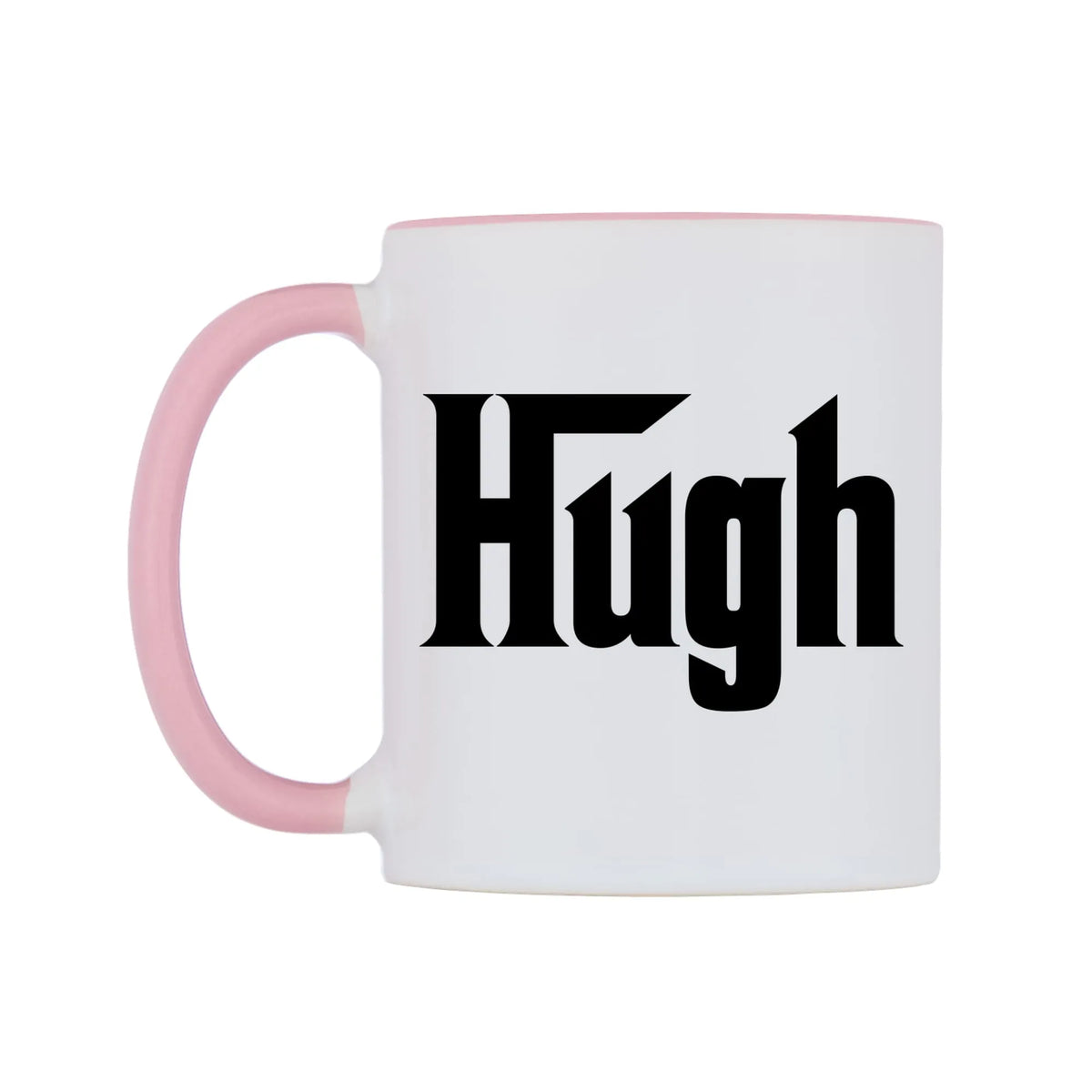 Hugh - Godfather Themed Mug — white 11oz gloss mug with a pink inside and handle, right side, on a white background