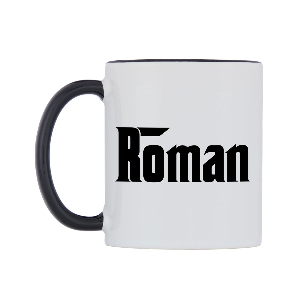 Roman - Godfather Themed Mug — white 11oz gloss mug with a black inside and handle, right side, on a white background