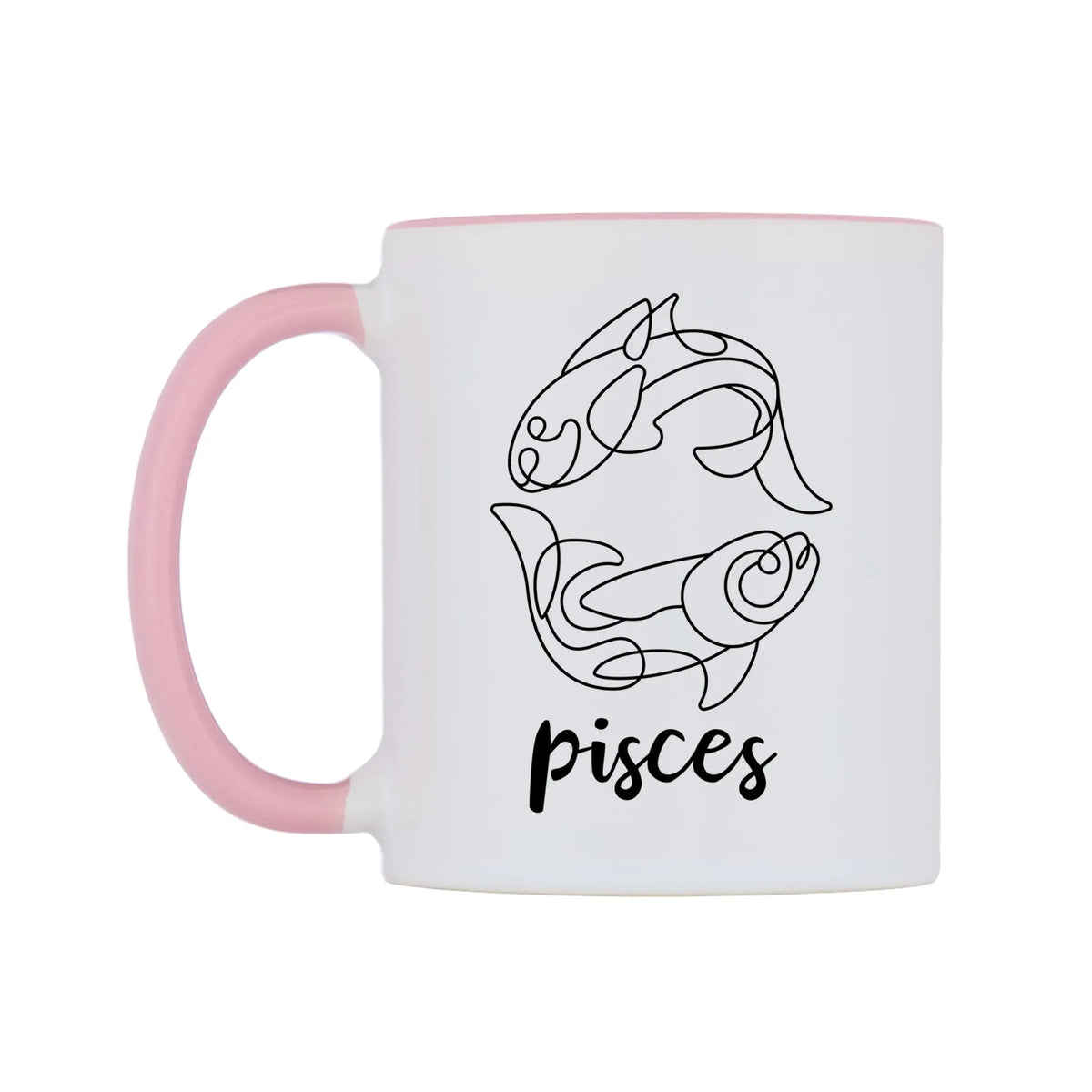 Zodiac Sign Pisces Mug — white 11oz gloss mug with a pink inside and handle, right side, on a white background