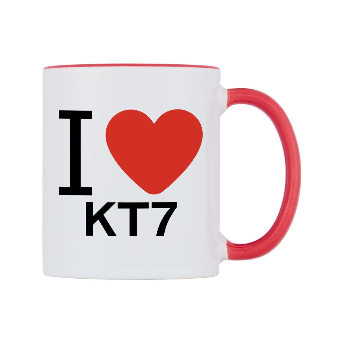 I Love KT7 Mug — white 11oz gloss mug with a red inside and handle, left side, on a white background