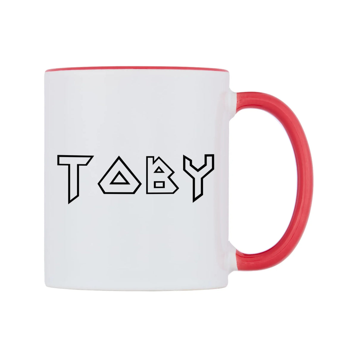 Toby - Iron Maiden Themed Mug — white 11oz gloss mug with a red inside and handle, left side, on a white background