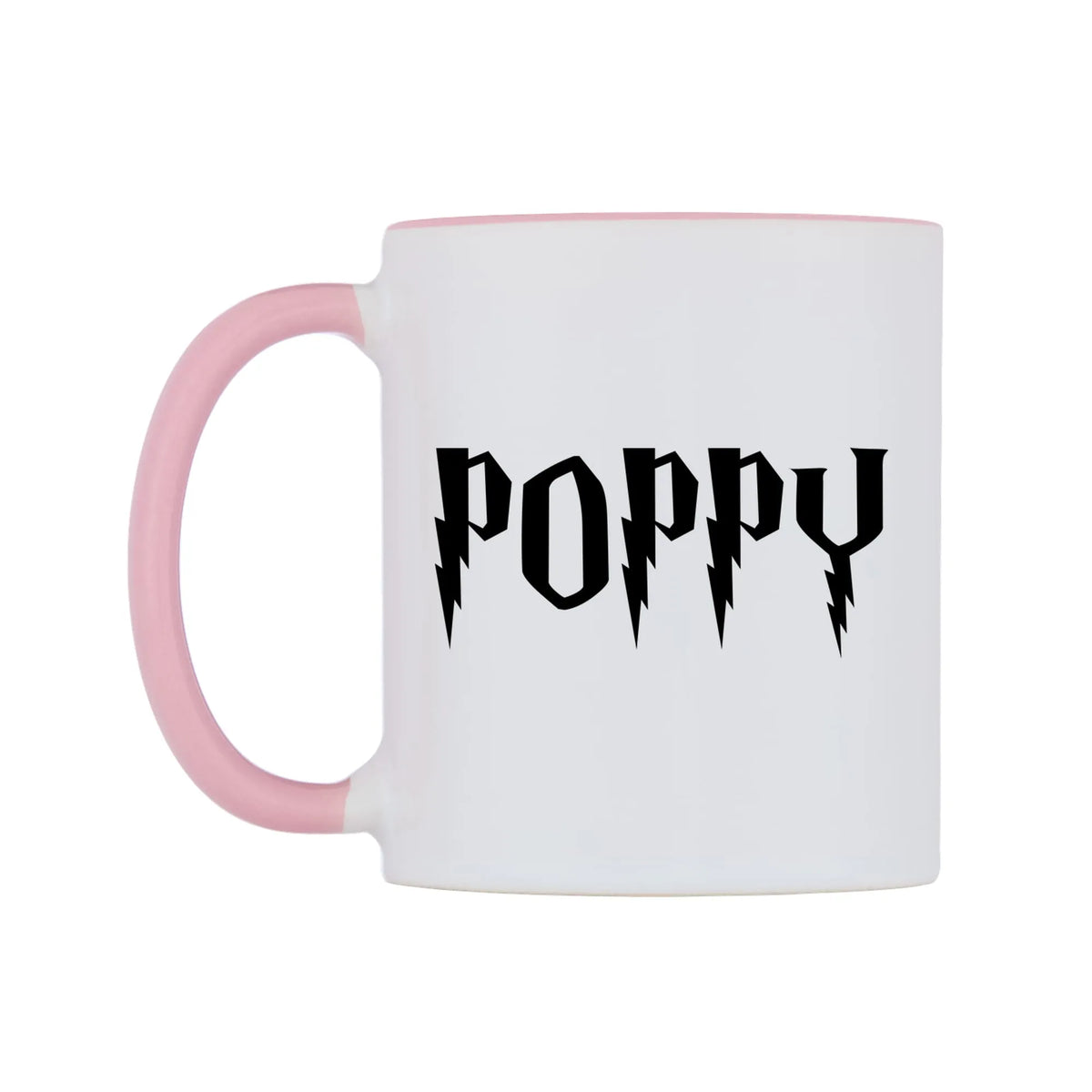 Poppy - Wizard Themed Mug — white 11oz gloss mug with a pink inside and handle, right side, on a white background