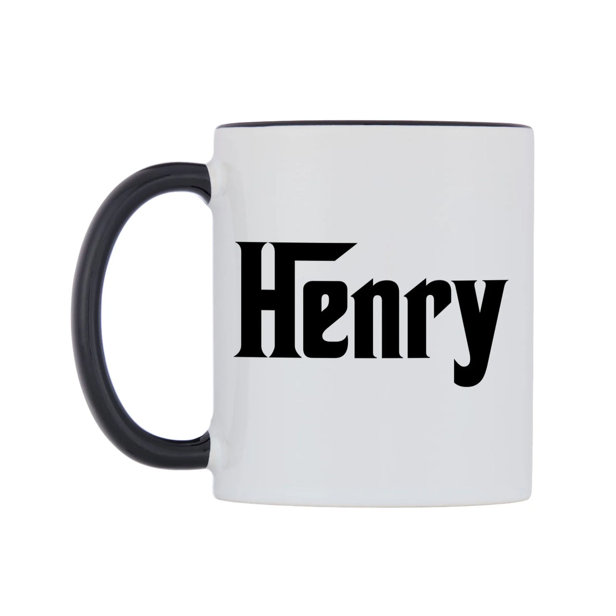 Henry - Godfather Themed Mug — white 11oz gloss mug with a black inside and handle, right side, on a white background