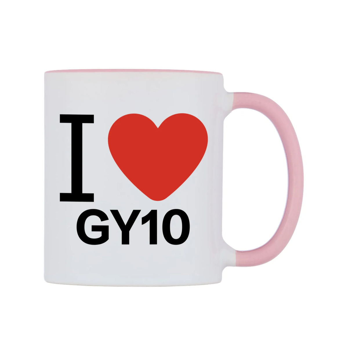 I Love GY10 Mug — white 11oz gloss mug with a pink inside and handle, left side, on a white background