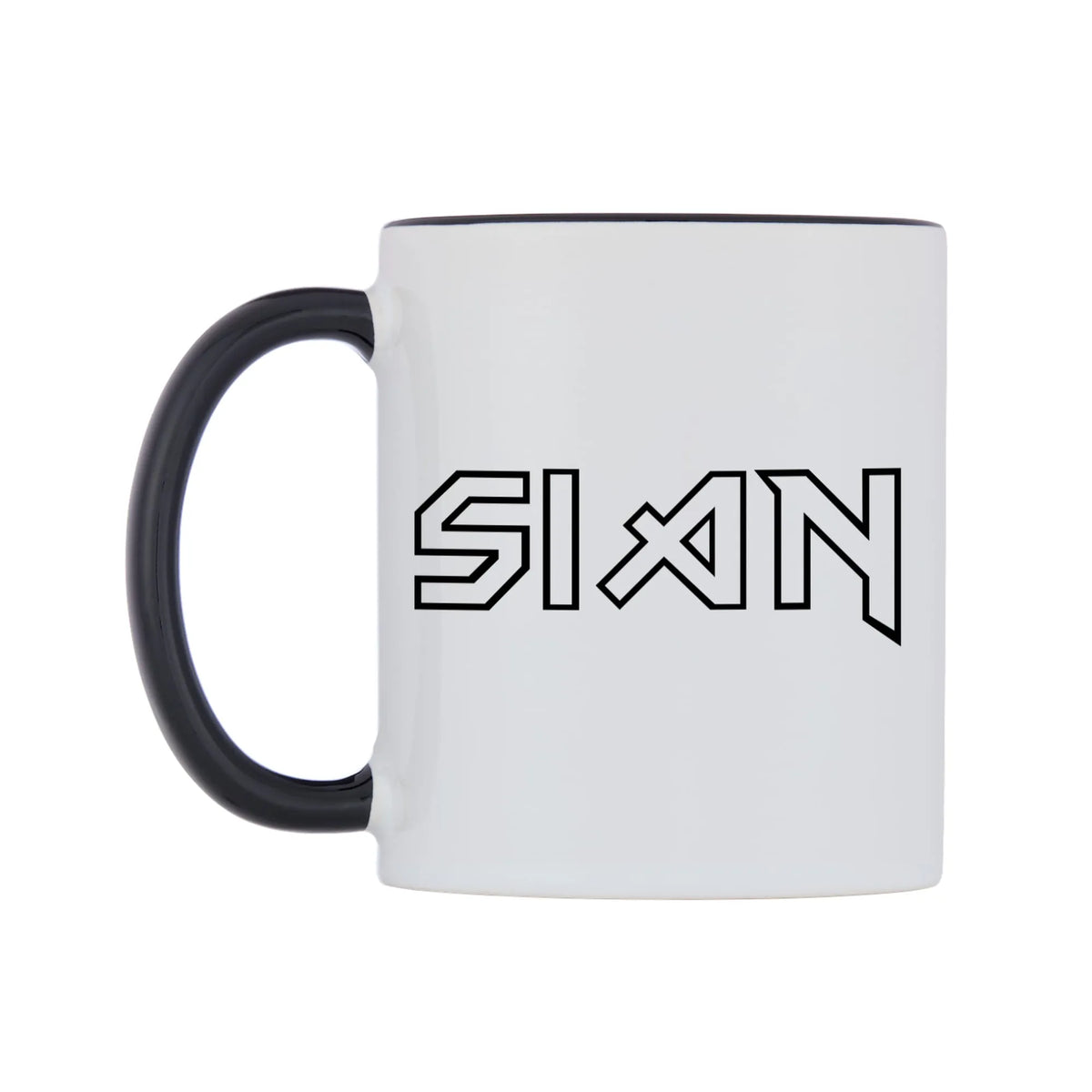 Sian - Iron Maiden Themed Mug — white 11oz gloss mug with a black inside and handle, right side, on a white background