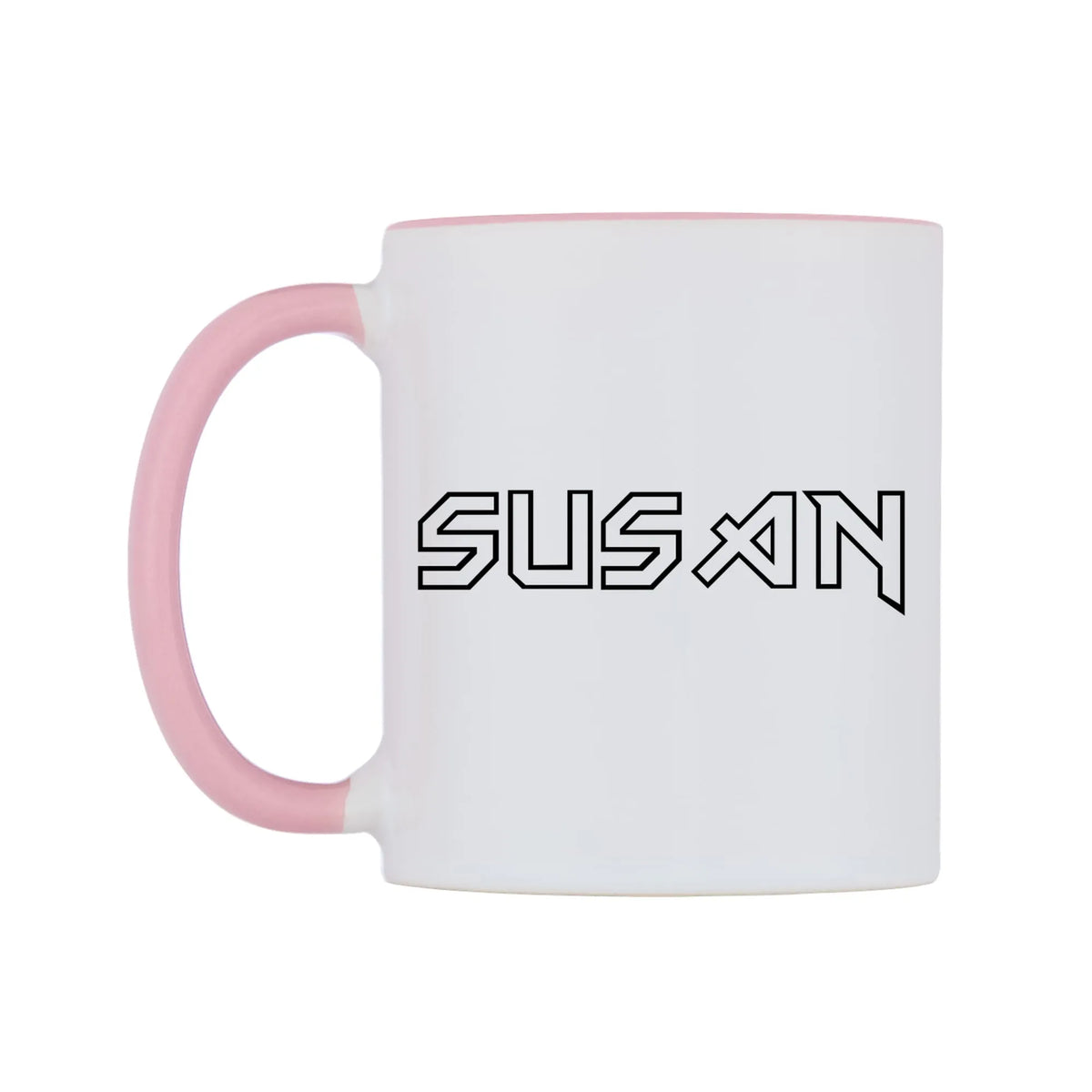 Susan - Iron Maiden Themed Mug — white 11oz gloss mug with a pink inside and handle, right side, on a white background