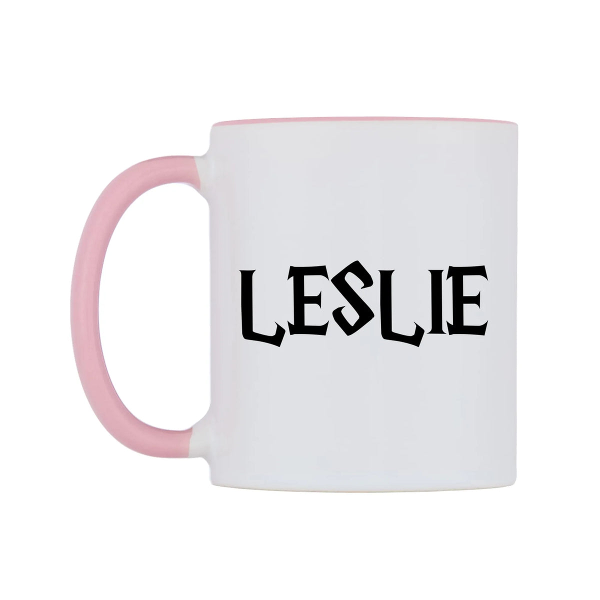 Leslie - Wizard Themed Mug — white 11oz gloss mug with a pink inside and handle, right side, on a white background