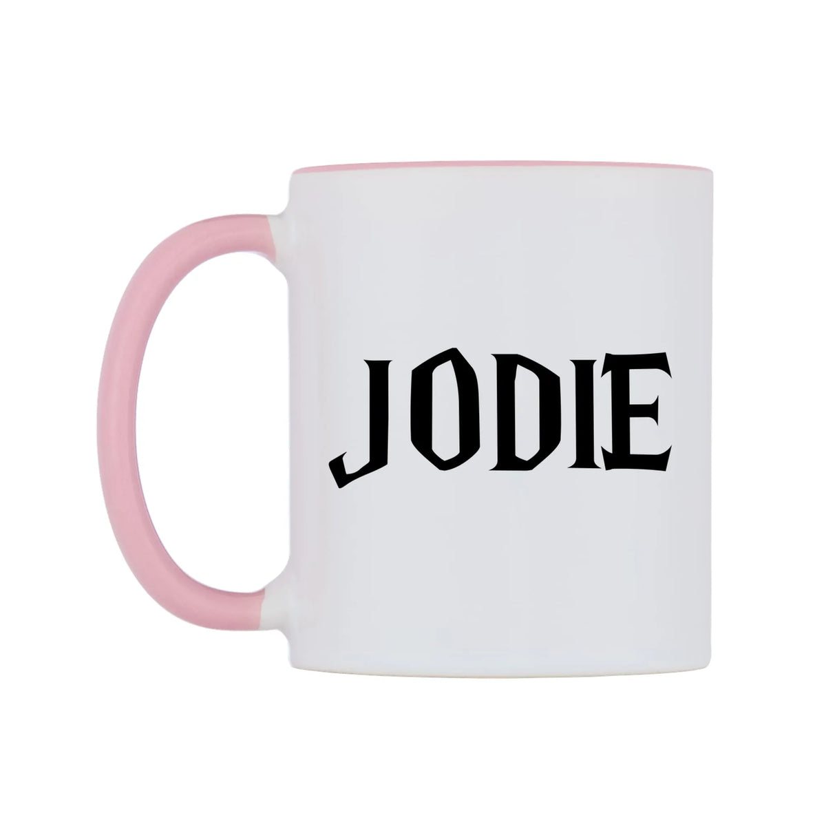 Jodie - Wizard Themed Mug — white 11oz gloss mug with a pink inside and handle, right side, on a white background