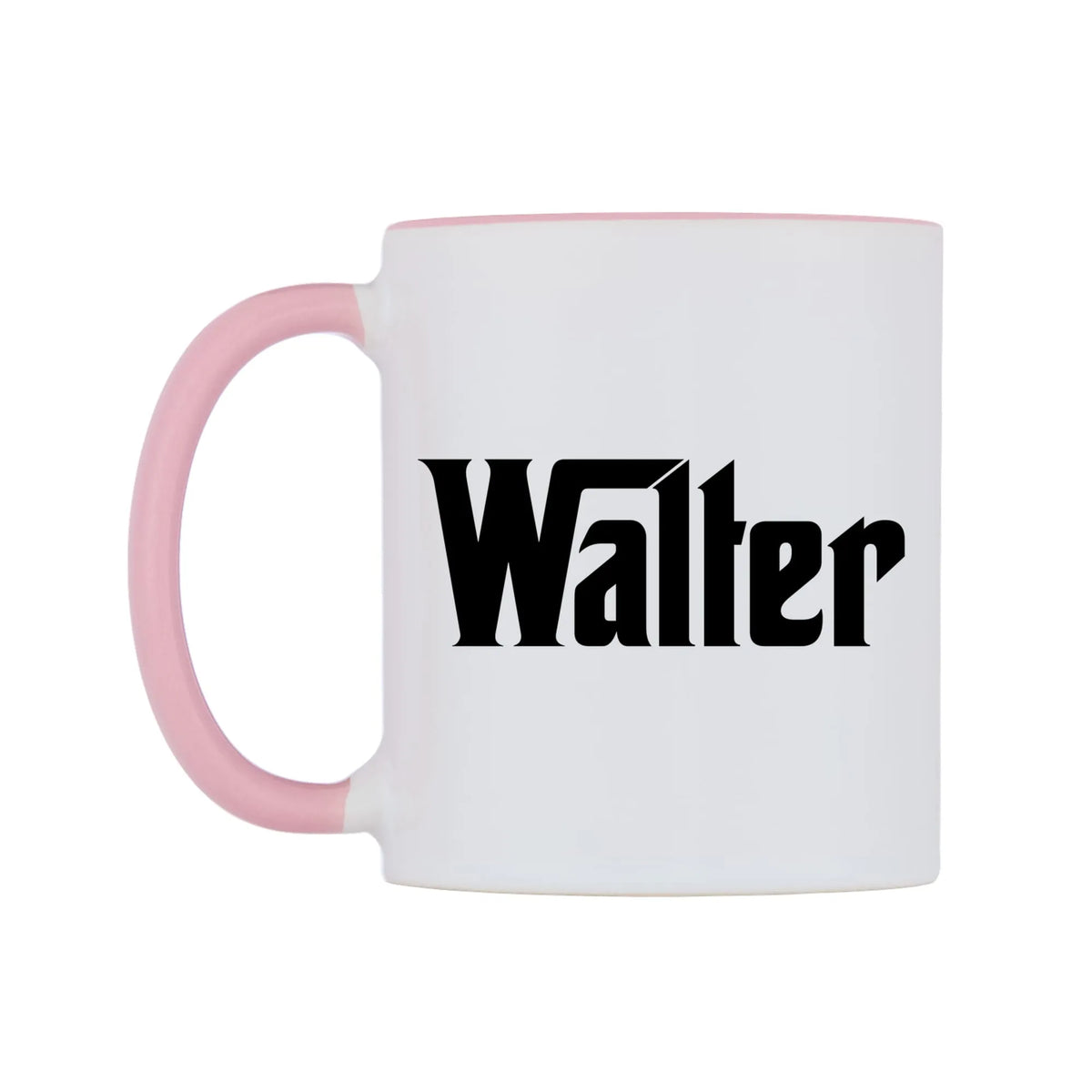 Walter - Godfather Themed Mug — white 11oz gloss mug with a pink inside and handle, right side, on a white background