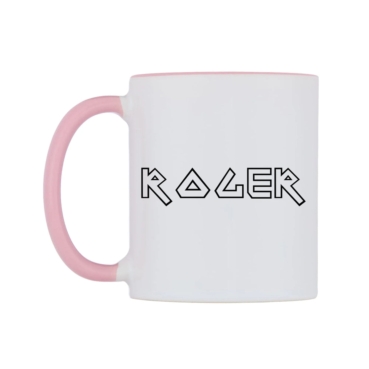 Roger - Iron Maiden Themed Mug — white 11oz gloss mug with a pink inside and handle, right side, on a white background