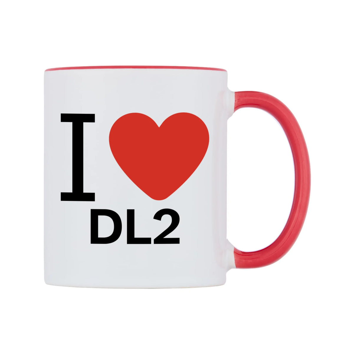 I Love DL2 Mug — white 11oz gloss mug with a red inside and handle, left side, on a white background