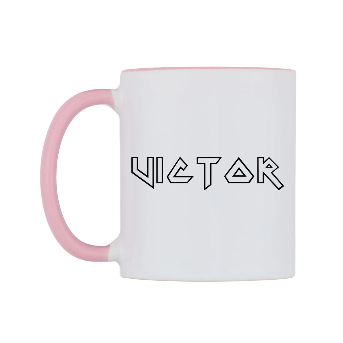 Victor - Iron Maiden Themed Mug — white 11oz gloss mug with a pink inside and handle, right side, on a white background
