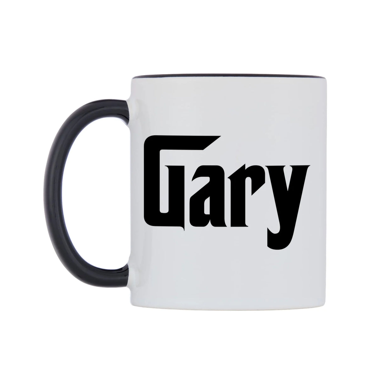 Gary - Godfather Themed Mug — white 11oz gloss mug with a black inside and handle, right side, on a white background
