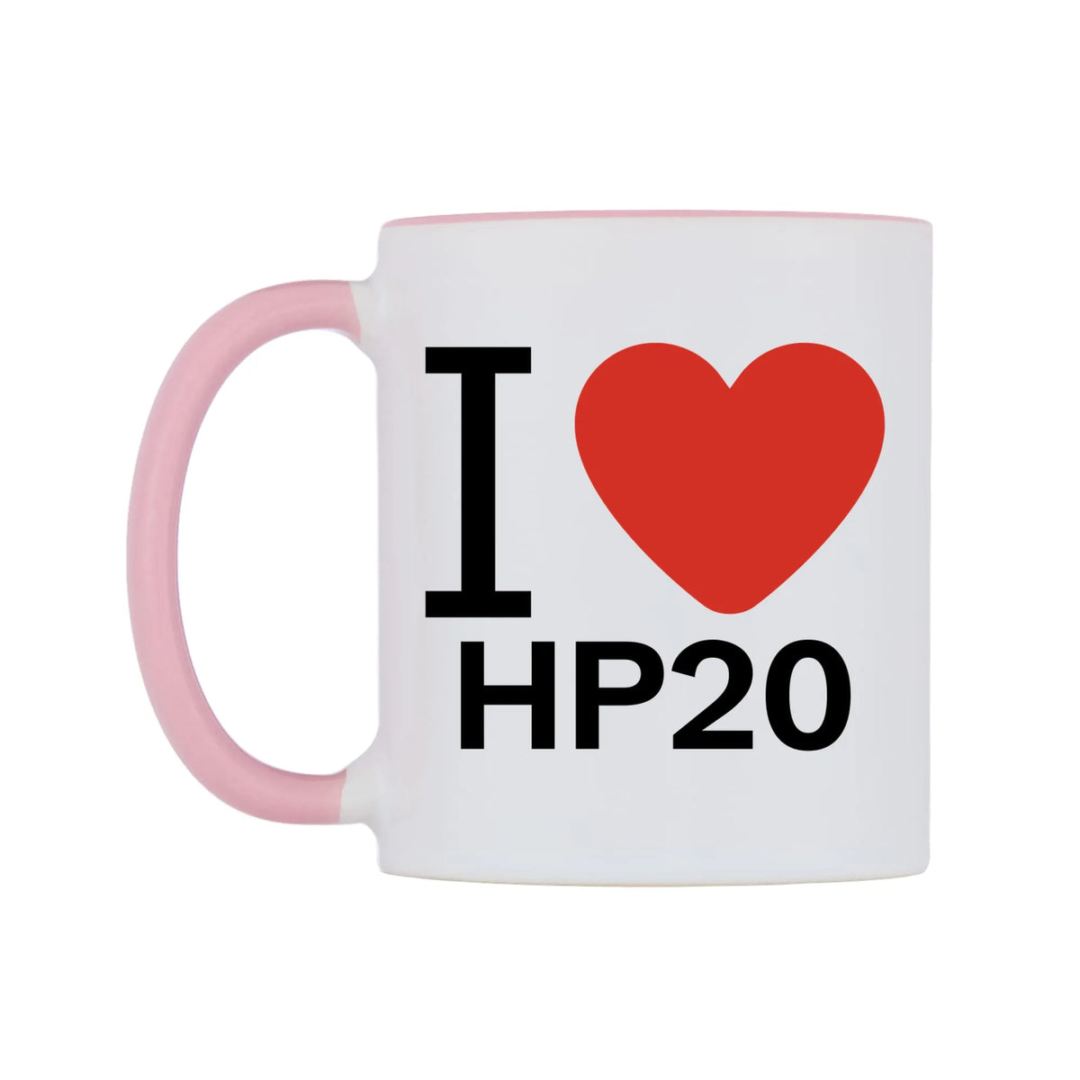 I Love HP20 Mug — white 11oz gloss mug with a pink inside and handle, right side, on a white background