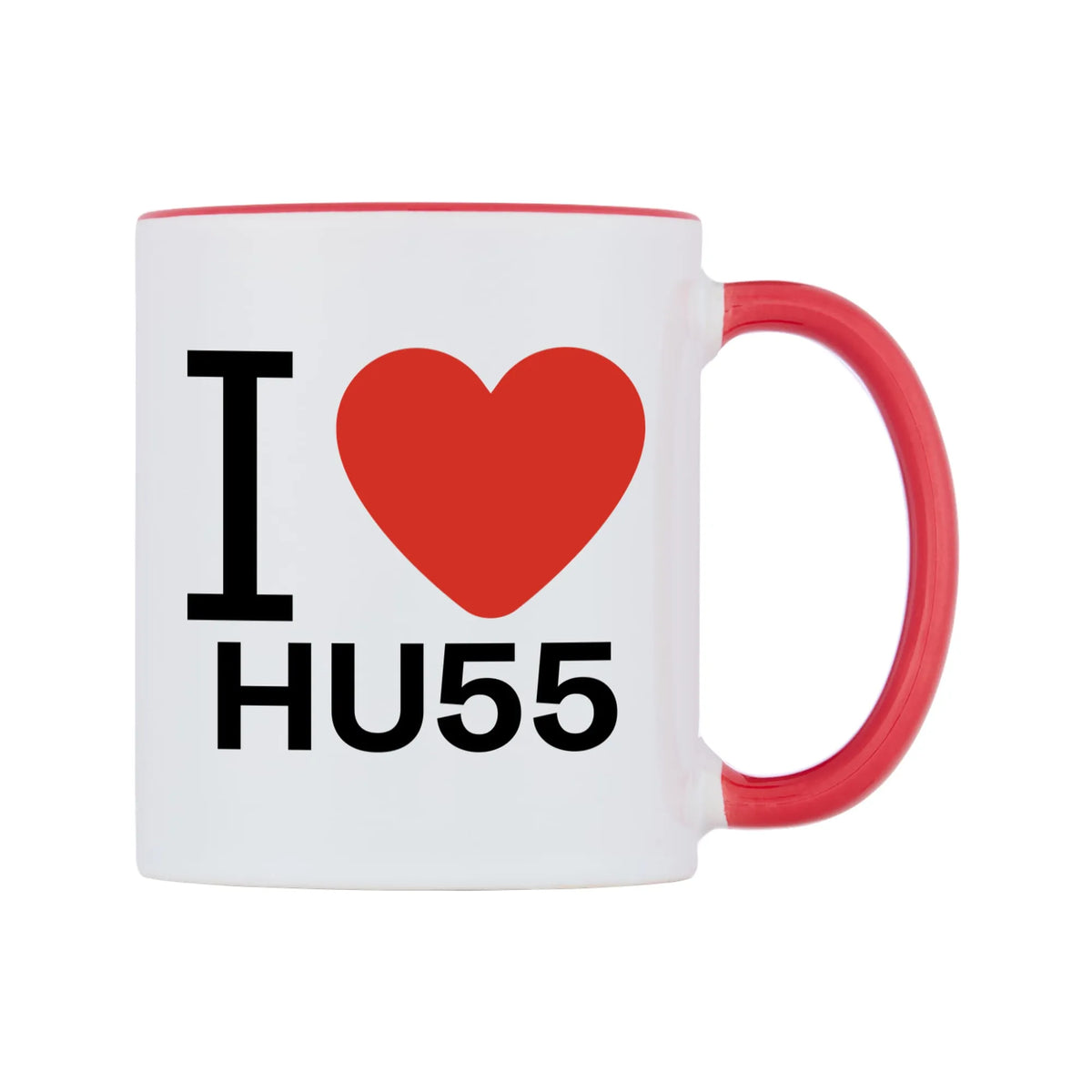 I Love HU55 Mug — white 11oz gloss mug with a red inside and handle, left side, on a white background