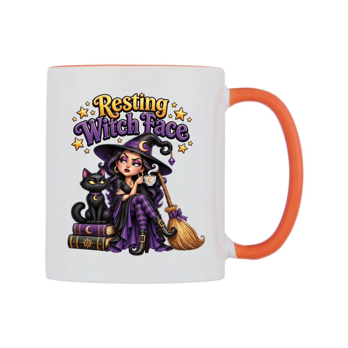 Resting Witch Face Mug — white 11oz gloss mug with a orange inside and handle, left side, on a white background
