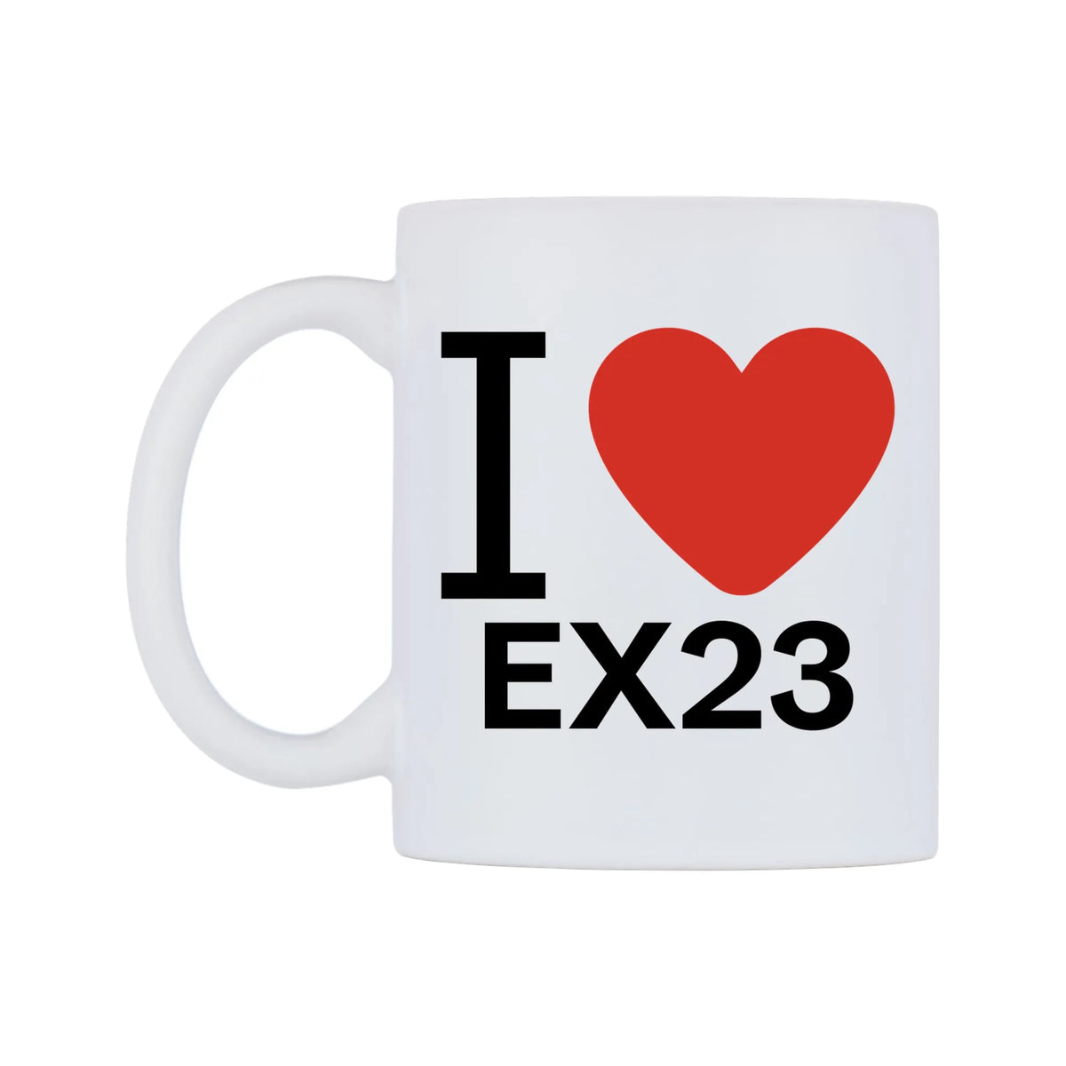 I Love EX23 Mug — white 11oz gloss mug, right side, on a white background