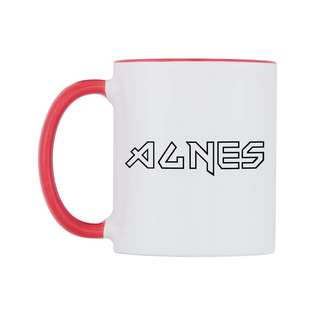 Agnes - Iron Maiden Themed Mug — white 11oz gloss mug with a red inside and handle, right side, on a white background