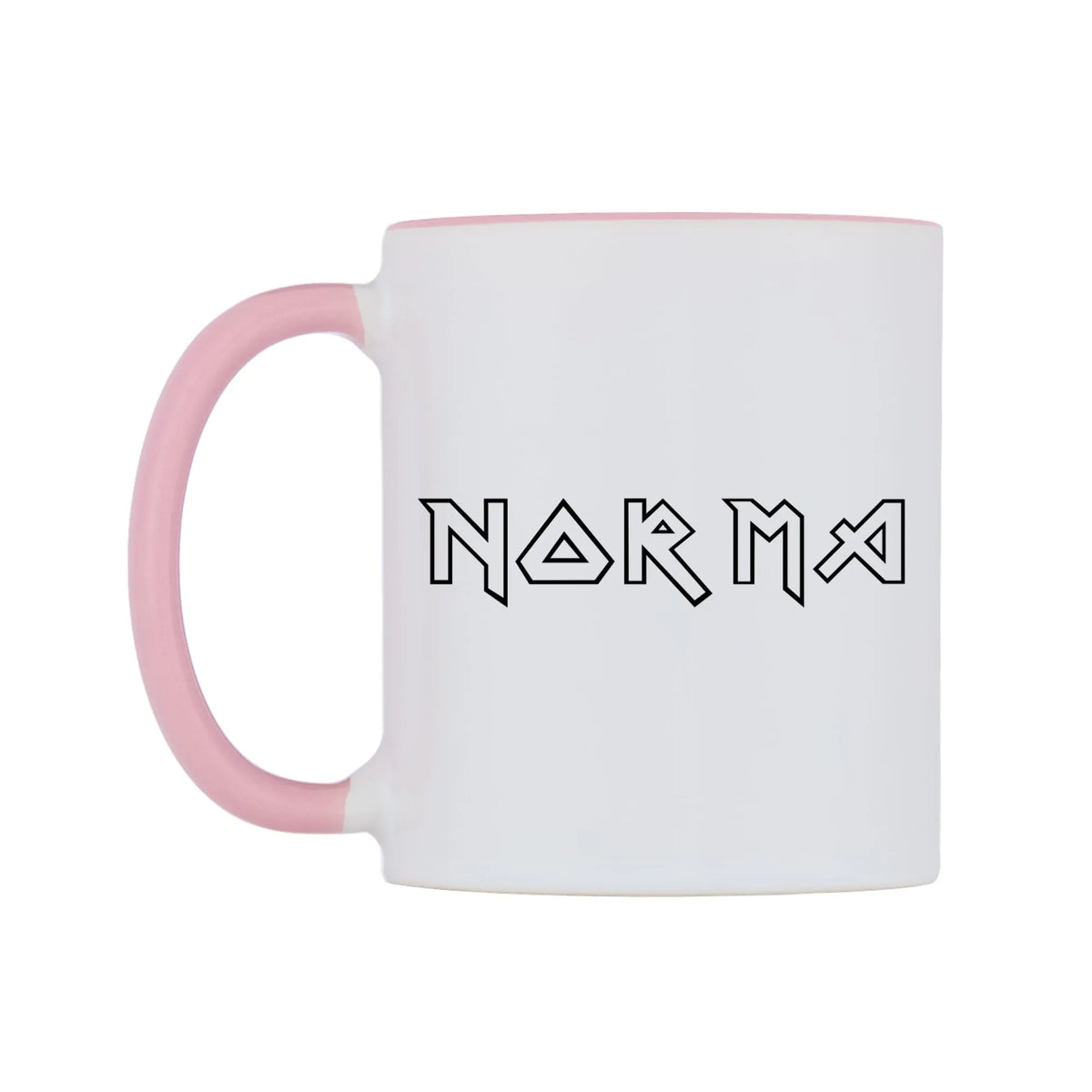 Norma - Iron Maiden Themed Mug — white 11oz gloss mug with a pink inside and handle, right side, on a white background