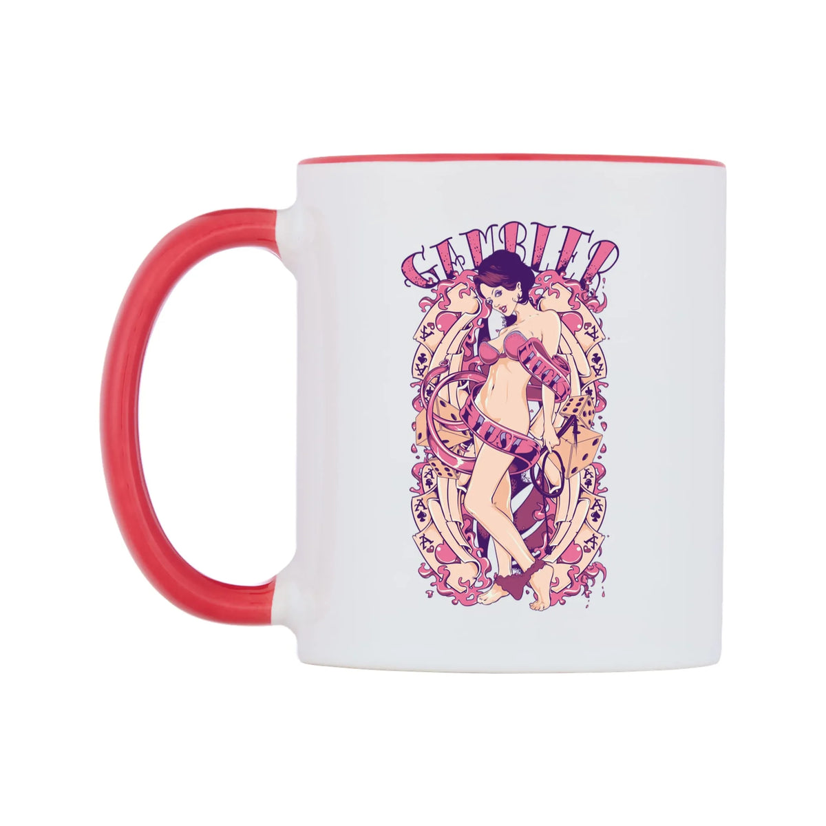 Gambler of Luck and Lust Mug — white 11oz gloss mug with a red inside and handle, right side, on a white background