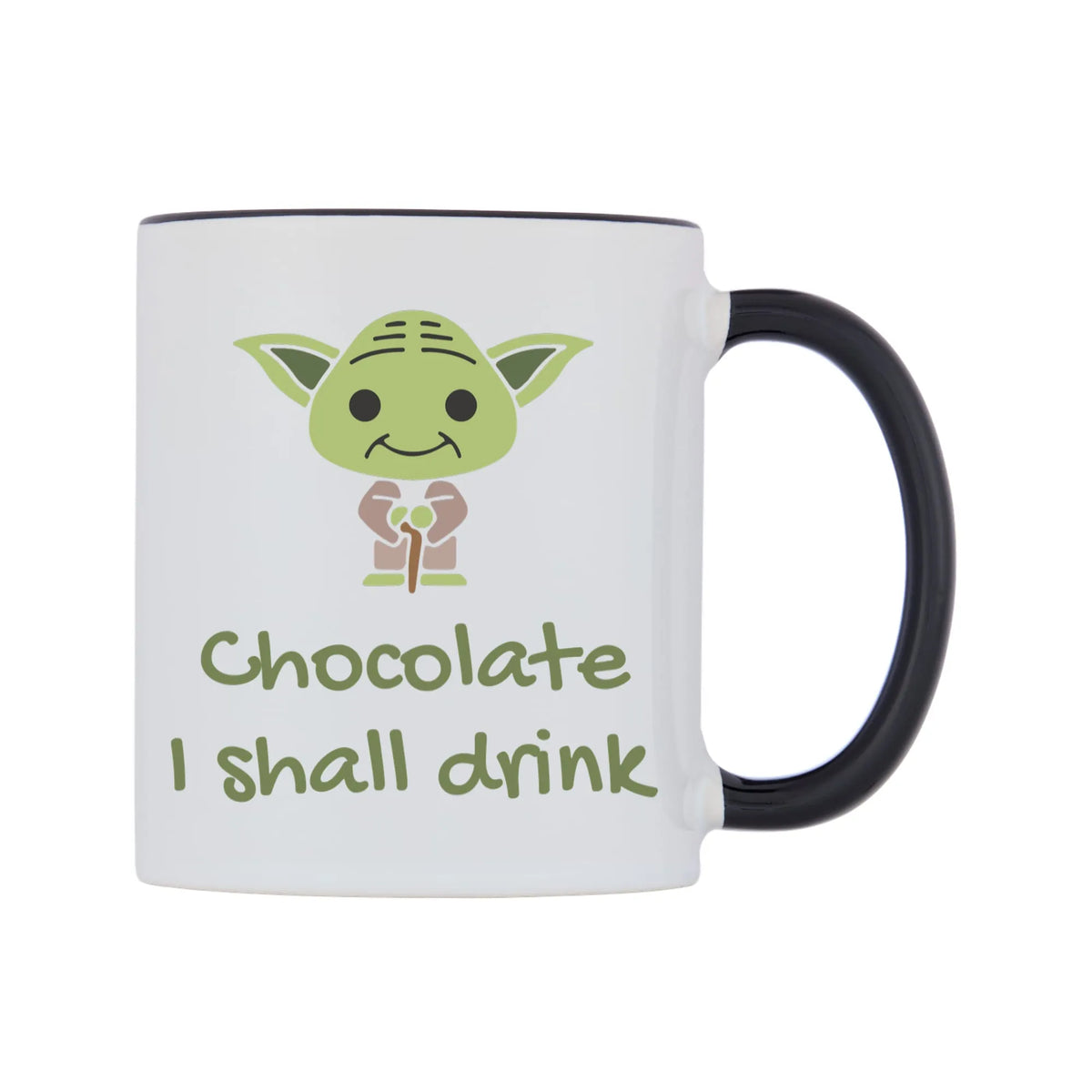 Chocolate I shall drink Mug — white 11oz gloss mug with a black inside and handle, left side, on a white background