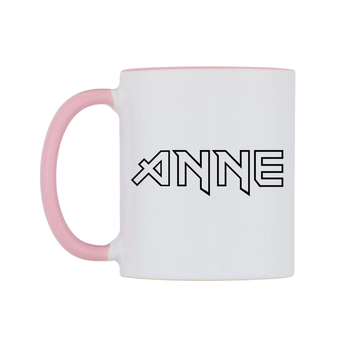 Anne - Iron Maiden Themed Mug — white 11oz gloss mug with a pink inside and handle, right side, on a white background