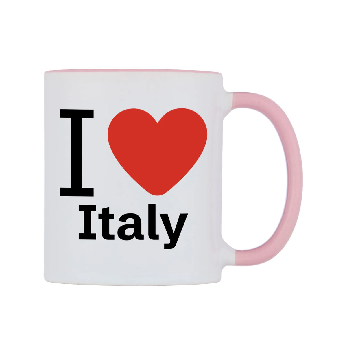 I Love Italy Mug — white 11oz gloss mug with a pink inside and handle, left side, on a white background