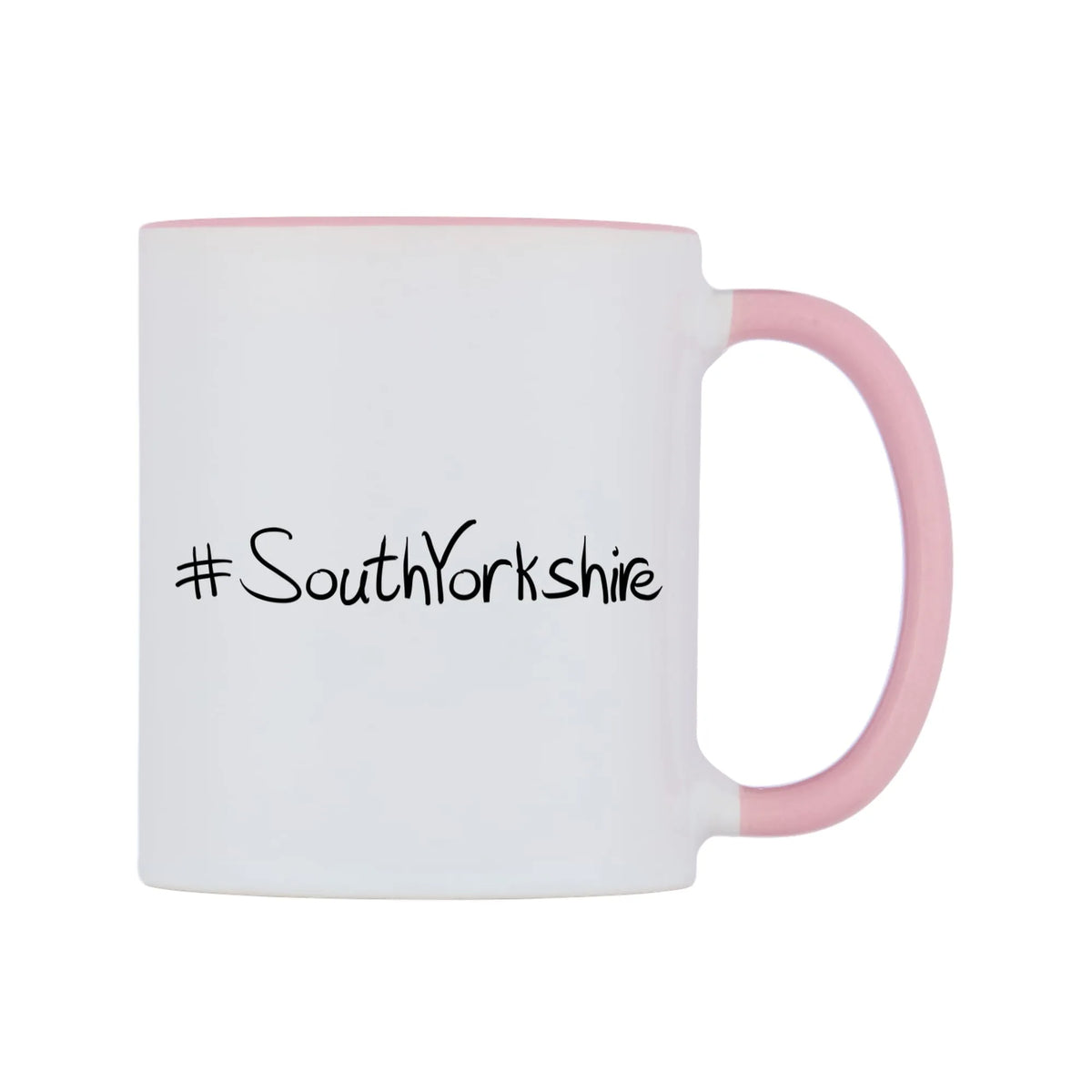 SouthYorkshire Mug — white 11oz gloss mug with a pink inside and handle, left side, on a white background