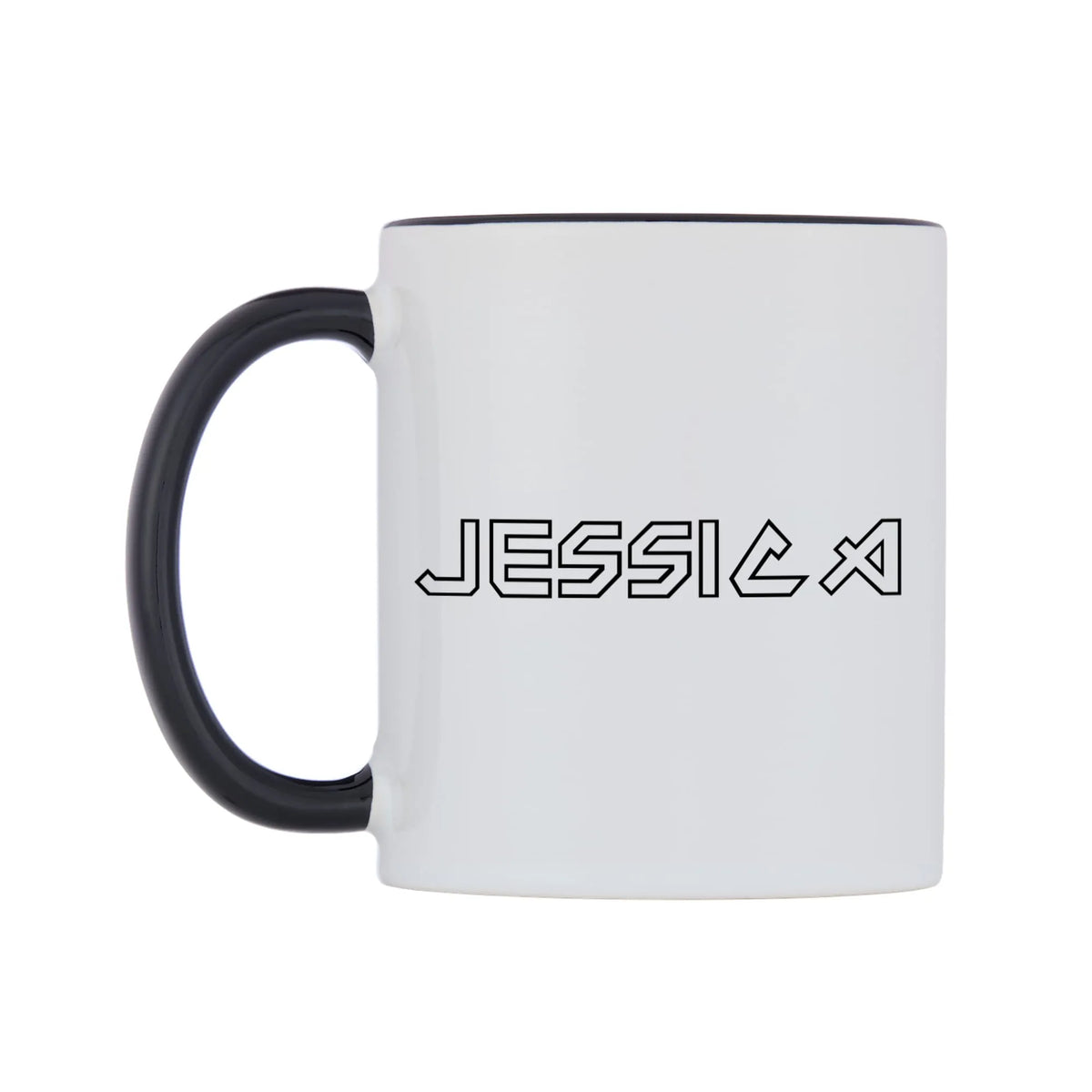 Jessica - Iron Maiden Themed Mug — white 11oz gloss mug with a black inside and handle, right side, on a white background