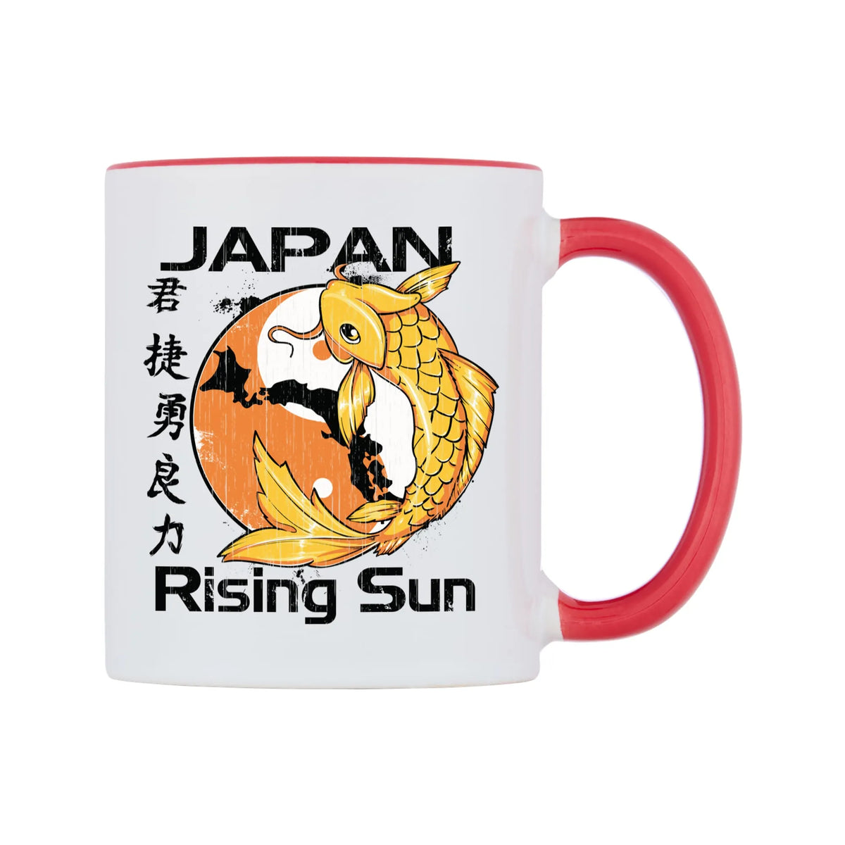 Rising Sun Mug — white 11oz gloss mug with a red inside and handle, left side, on a white background