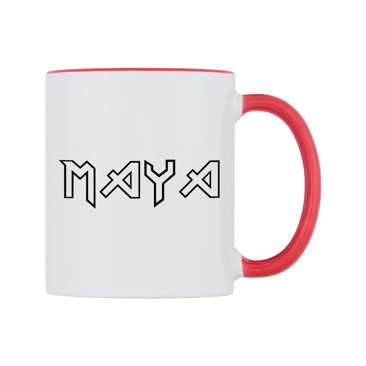 Maya - Iron Maiden Themed Mug — white 11oz gloss mug with a red inside and handle, left side, on a white background
